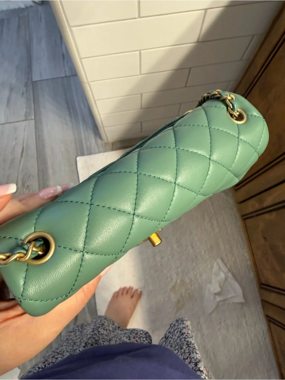 CHANEL Quilted Mint Green Lambskin Shoulder Bag with Gold Hardware